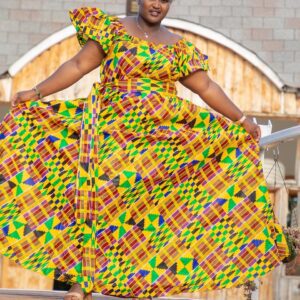 Long Ankara Formal Dress/Ankara Dress with pockets/African Print Dress with belt/African Wax Fabric Dress/Off Shoulder Formal Kente