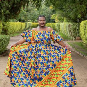 Long Ankara Formal Dress/Ankara Dress with pockets/African Print Dress with belt/African Wax Fabric Dress/Off Shoulder Formal Kente Dress